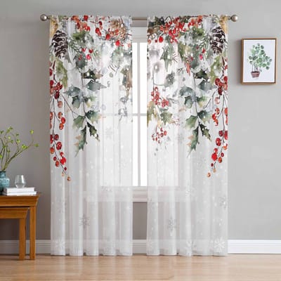 Kerst Dennenbes Eucalyptusblad Sneeuwman Gordijnen Voor Woonkamer Tule Raamgordijn Slaapkamer Keuken Sluier Draperieën 135W x 114H(cm) white