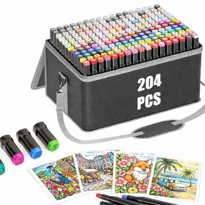 Alcohol Markers 204 Stuks - Stiften - Twinmarkers - Dubbelzijdige Tekenset met Schoudertas - Hobby & Professionele Set - Kleuren voor kinderen en volwassenen - Multicolor