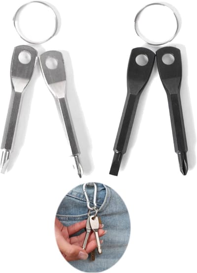 Mini schroevendraaiers - Sleutelhanger gereedschap - Snelle reparaties - Compact multitool - 2 stuks - Zwart zilver