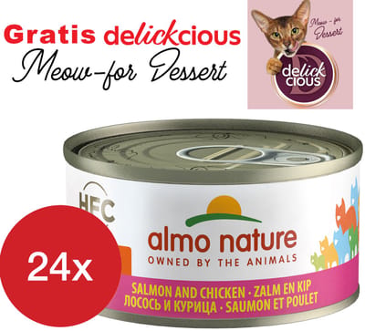 Almo Nature jelly met zalm en kip 24 x 70 gram met GRATIS Delickcious dessert