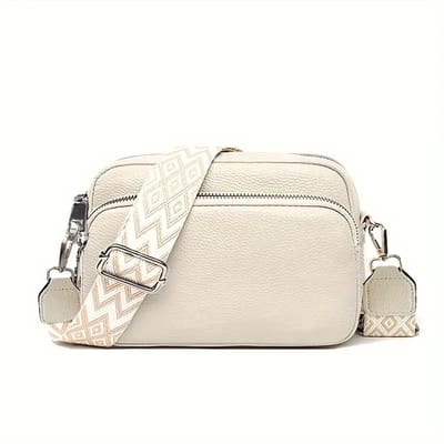 Crossbody tas voor dames - Beige/creme - 22 x 16 x 8 cm - Met aztec schouderriem - Schoudertas voor vrouwen - Verstelbare schouderband - Handtas met ritsen - Waterbestendig - Zilveren hardware - Telefoontas - Festivaltas - PU leer