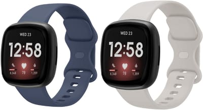Strap-it Smartwatch bandjes set – siliconen horlogebandjes geschikt voor Fitbit Versa 3 / Versa 4 / Sense / Sense 2 – Donkerblauw & Lichtbeige – Maat S (2-pack)