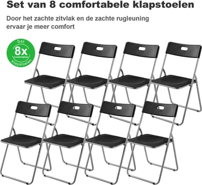 Bardi 8 Delige Klapstoelenset – Vouwstoelenset Stevige Kwaliteit, Weersbestending, 100KG Belastbaar. 44 x 45 x 79 cm. – ZWART