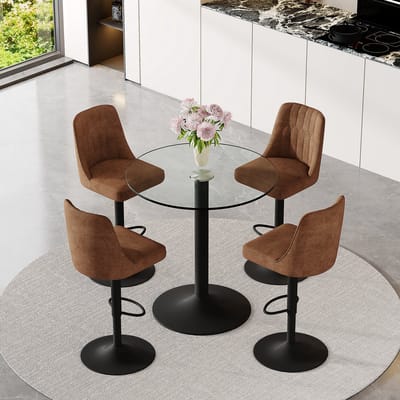 Barset - Glazen Bartafel Met 4 Barkrukken - Draaibaar En In Hoogte Verstelbaar - Voor Keuken, Bar En Lounge - Metaal Bruin Zwart