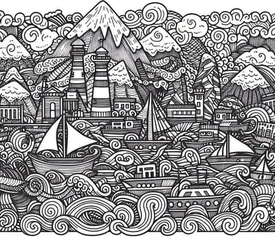 Doodle haven schilderij | Haven of Imagination: A Whimsical Doodle Art Masterpiece | Kunst - 100x100 centimeter op Canvas | Foto op Canvas