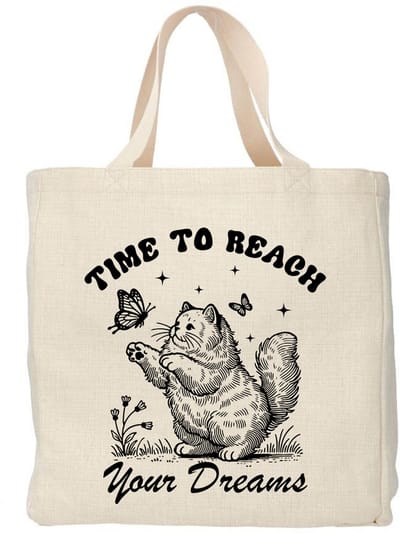 Creasowl® - Time to reach your dreams - Boodschappentas 38 x48 cm - Polylinnen- Kat tas - Shopper - Canvas tas - Boodschappen tas - Totebag - Schoudertas - Draagtas - Katten mama