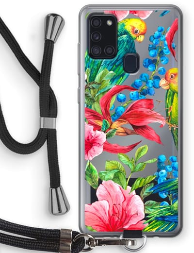 Case Company® - Hoesje met koord geschikt voor Samsung Galaxy A21s hoesje met Koord - Papegaaien - Telefoonhoesje met Zwart Koord - Bescherming aan alle Kanten en Over de Schermrand