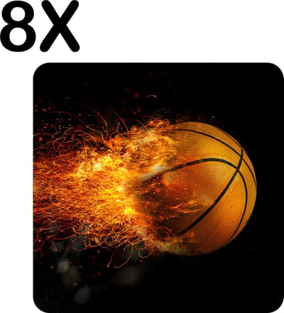 Luxe Placemat - Vlammende Basketball - Set van 8 Placemats - 50x50 cm - 2 mm dik Vinyl - Anti Slip - Afneembaar