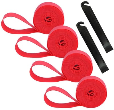 4 Pcs Premium PVC Bicycle Tire Rim Tape, 24 Inch Bicycle Inner Tube Protection Pad, Mountain Bike Tire Liner, Anti-puncture Rim Tape, with 2 Pcs Bicycle Tire Lever (Red)