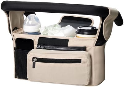Kinderwagen Organiser – Grote Capaciteit Luiertas en Accessoirehouder met Telefoonvak, Flessenhouder, Hangende Tas voor Reizen, Baby en Kinderwagen-BEIGE