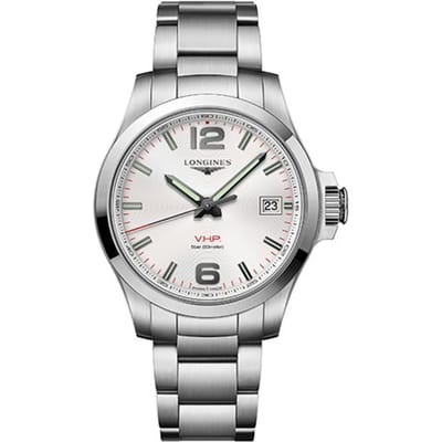 Longines Conquest V.H.P. Montre pour homme à mouvement quartz série 50M étanche 41 mm cadran argenté boîtier en acier inoxydable L3.716.4.76.6 White Dial Silver Strap
