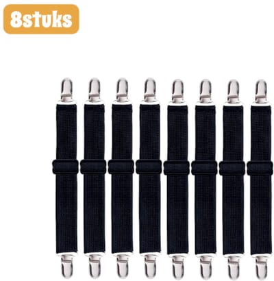 8 stuks - Lakenspanners - Verstelbaar - Lakensclips - Geschikt voor matrassen, matrasbeschermers, banken - Antislip elastische banden - Zwart