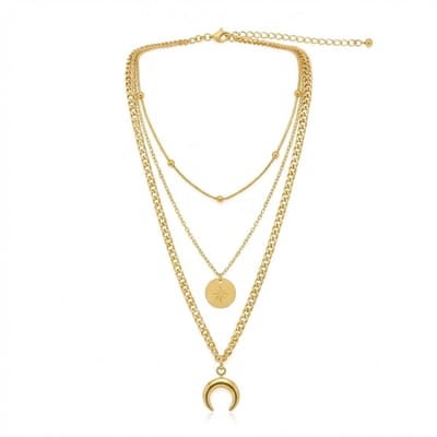 3 delige set Goudkleurige layerketting voor dames met halve maan en ronde hanger – ketting met hanger in gelaagd design