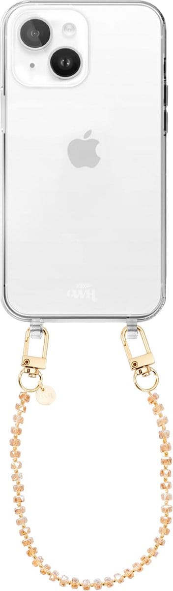 xoxo Wildhearts siliconen hoesje geschikt voor iPhone 15 Plus hoesje - Crystal (Bruin) - Telefoonhoesje - Hoesje met koord - Kristal ketting - Kristallen met gouden details - kort telefoonkoord - Transparant hoesje