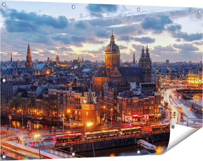 Gards Tuinposter Amsterdam Centrum Luchtfoto Zonsondergang - 120x80 cm - Tuindoek - Tuindecoratie - Wanddecoratie buiten - Tuinschilderij