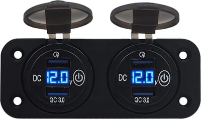 ProRide 12V USB Stopcontact 4 Poorten met Schakelaar en Voltmeter - Tweevoudig Inbouw - QC3.0 - USB Autolader, Boot en Camper - Blauw