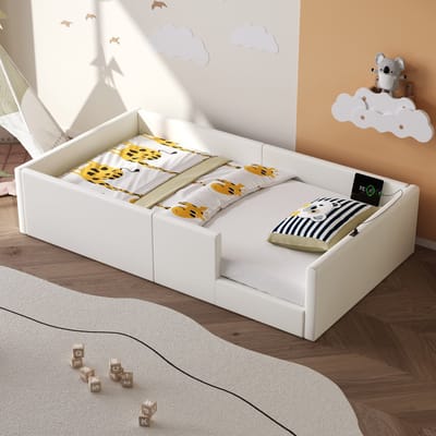 PHOEBE CAT Kinderbed - 90x200 cm - Met zijhekken - Oplaadpoorten - Gewatteerde bed - Wit