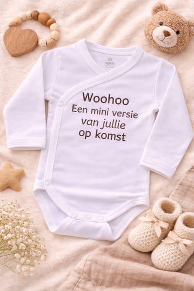 Omslag Romper Baby – Woohoo, een mini versie van jullie op komst… – Zwangerschap Aankondiging – Geborduurd – Newborn Cadeau – Unisex babykleding - omslagromper - 100% katoen - baby aankondiging - originele zwangerschaps reveal