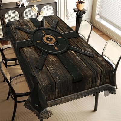 Viking Schild & Houtnerf Tafelkleed, Rustieke Middeleeuwse Stijl, Golvende Rand, Vlekbestendig, voor Eetkamer & Man Cave Decoratie 100x140cm