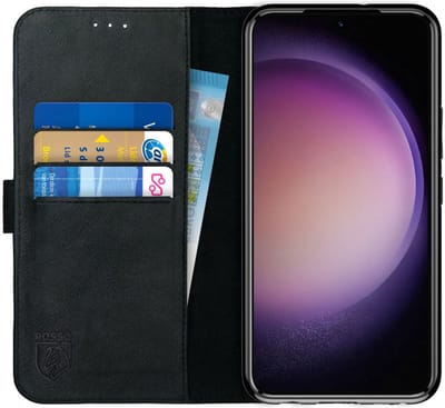 Rosso Deluxe Echt Leer Book Case Hoesje Geschikt voor Samsung Galaxy S23 Plus | Ruimte voor drie pasjes | Portemonnee Book Case | Met Pasjeshouder | Zwart