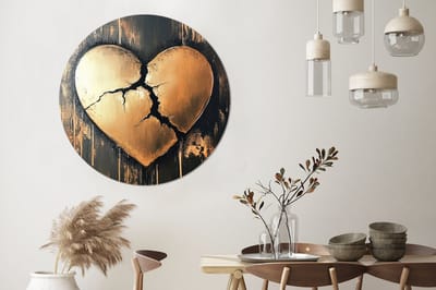 WallCircle - Wandcirkel - Muurcirkel - Gebroken hart - Goud - Houtlook - Liefde - Aluminium - Dibond - 140x140 cm - Binnen en Buiten