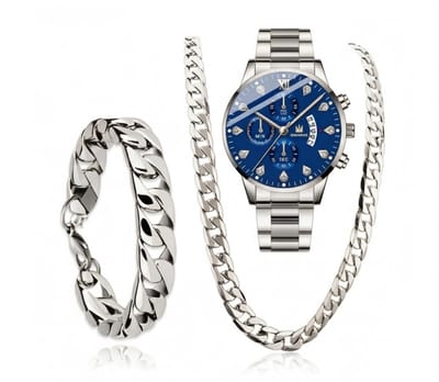 Zilverkleurig heren horloge set met blauw analoog uurwerk, schakel ketting en schakel armband – 3 delige sieraden set voor mannen