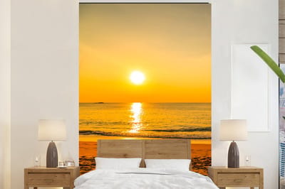 Behang - Fotobehang Palmboom - Strand - Zonsondergang - Zee - Breedte 170 cm x hoogte 260 cm