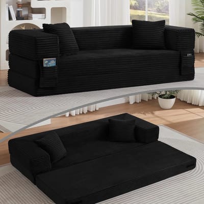 3-Zits Bank, Moderne Corduroy Bank Met Modieuze Uitstraling, Klassiek Vierkant Ontwerp, Tweelaags Uniek Ontwerp, Om Te Bouwen Tot Slaapbank, Compact & Ruimtebesparend, Comfortabel Zitmeubilair, ideaal voor appartementen en grote kamers-Zwart