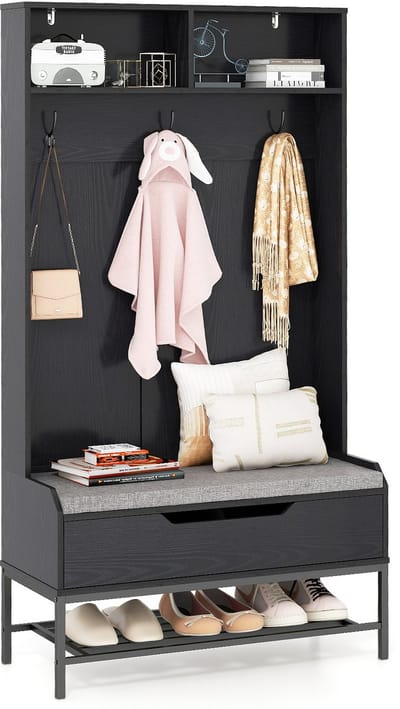 COSTWAY Kapstok met zitbank, 4-in-1 garderobe met open vakken, schoenenkast en 3 haken, kledingstandaard met zitkussen, halgarderobe voor ingang, woonkamer, 90 x 38,5 x 170 cm