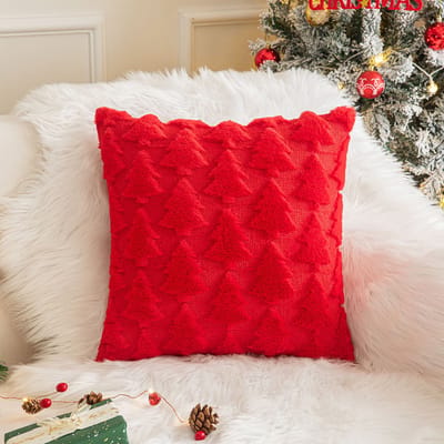 Qelus Kerstversiering Kussenhoes 45x45 cm - Zacht Pluche Kerstboom Borduurwerk - met Onzichtbare Rits - Zonder Binnenkussen - Decoratief voor Bank & Woonkamer - Rood
