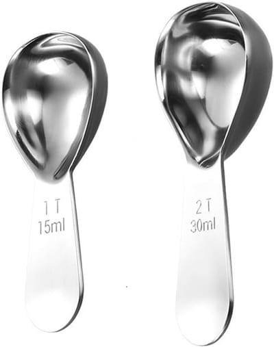 Roestvrijstalen koffielepelset, 15 ml en 30 ml; korte maatlepels voor koffieblikken; zilverkleurige doseerlepels voor koffiepoeder, thee en suiker; nauwkeurige koffieschep