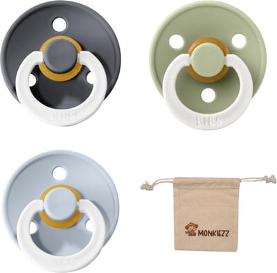 Bibs fopspenen maat 1 0-6 maanden| Set 3 stuks| Glow Blue, Sage, iron + Monkiezz speenzakje