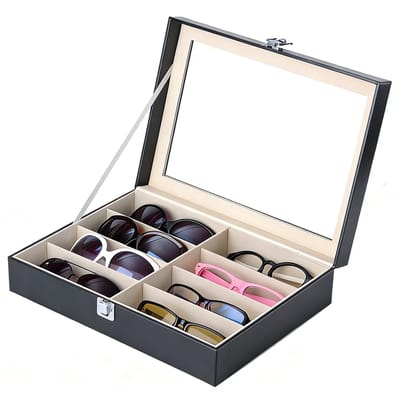 Lemlit Brillenbox 6 Vakken 33,5 x 22,5 x 8 cm - Brillen Opbergbox met Kijkvenster en Sluiting - Voor Zonnebrillen Sieraden en Accessoires - Zwart