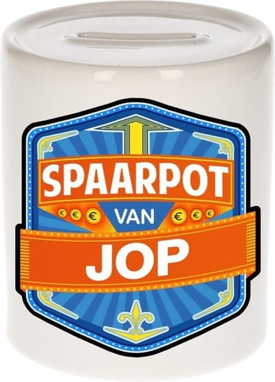 Bellatio Decorations Kinder spaarpot met naam - Jop - keramiek - met dop - wit - Sparen - Spaargeld van Jop