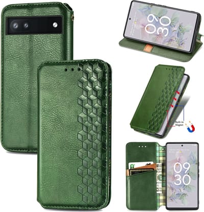 Luxe PU Lederen Ruitpatroon Wallet Case + Glas Screenprotector voor Google Pixel 6a _ Groen