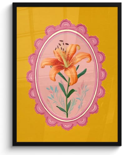 Poster in lijst - Fotolijst 50x70 cm - Posters - Lelie - Oranje - Lijst - Ovaal - Posterlijst zwart - Decoratie - Wanddecoratie woonkamer - Muurdecoratie slaapkamer