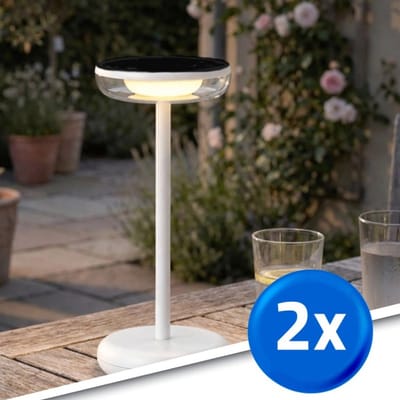 Tafellamp oplaadbaar ‘Vita’ - Voordeelset van 2 stuks - Wit - USB-C oplaadbaar - Werkt ook op zonne-energie - Warm wit licht 2700K - Tafellamp voor binnen én buiten - Solar tuinverlichting