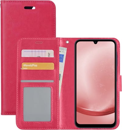 Hoesje - Met Pasjeshouder - Geschikt voor Samsung Galaxy A25 - Luxe Bookcase Portemonee - Flip Case - Kunstleer Book Case - Flipcase - Book Cover - Walletcase - Portemonneehoes - Donkerroze