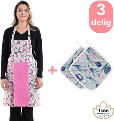 Tulipa Master Keukenschort 75 x 55 cm - met 1 Handdoek en 2 Pannenlappen met Blauwe Tulpen - Roze Madeliefjes - Professioneel Verstelbaar Kookschort - Horecakwaliteit - Keukenschort Dames - Kerstcadeau