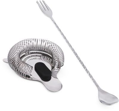Cocora Cocktail Accessoire Set - Cocktailzeef - Barlepel met Vork - Strainer - Cocktail Zeef - Bar Lepel - RVS - Zilver