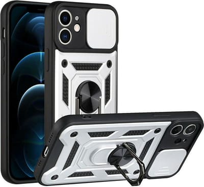 Hoesje Geschikt voor iPhone 13 Mini Hoesje met Camera Bescherming Zilver – met ring houder Rugged Armor Back Cover - Case - Camera Schuif
