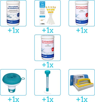 Zwembad Onderhoudspakket - Onderhoud Zwembad - bevat Chloor - Testrips - PH-min - PH-plus - Chloordrijver - Thermometer en Scrubborstel (7-delig)