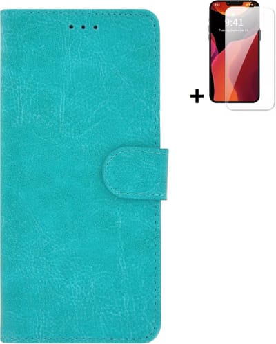 MoDo hoesje Geschikt voor iPhone 14 Plus - Kunstleer Book Case - Turquoise hoesje met screenprotector