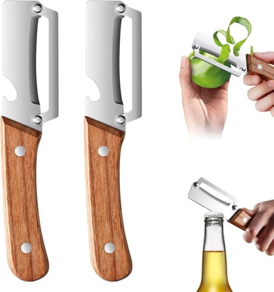 QTTVBTNA - 2 Stuks Multifunctionele Dunschillers - 2 in1 Dunschiller - RVS Groenteschiller met Houten Handvat en Flesopener - Keukenhulp voor Fruit en Groenten