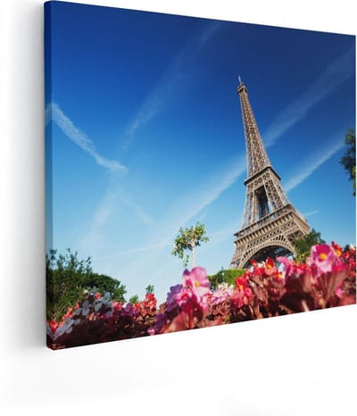 Artaza Canvas Schilderij Eiffeltoren - 100x80 cm - Groot - Wanddecoratie Parijs - Muurdecoratie Bloemen - Schilderijen Op Canvas Frankrijk