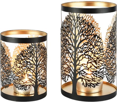Dekoratief | Set 2 Waxinelichthouders 'Massive Tree', zwart/goud, metaal, 12x12x20cm | A258091