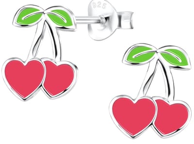 Joy|S - Zilveren kers oorbellen - 9 x 10 mm - roze hartjes