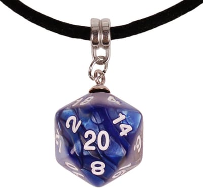 Veterketting Zwart Fluweel - Zilverkleurige Sluiting - 45cm - Hanger DnD D20 dobbelsteen blauw/grijs 2,5cm