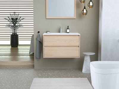 Vente-unique Zwevend badkamermeubel met ingebouwde wastafel en spiegel - Eiken fineer - 80 cm - MILIPAM