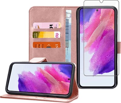 Hoesje geschikt voor Samsung S21 FE - Screenprotector Tempered Glas Screen Cover - Book Case Flip Hoes Rose